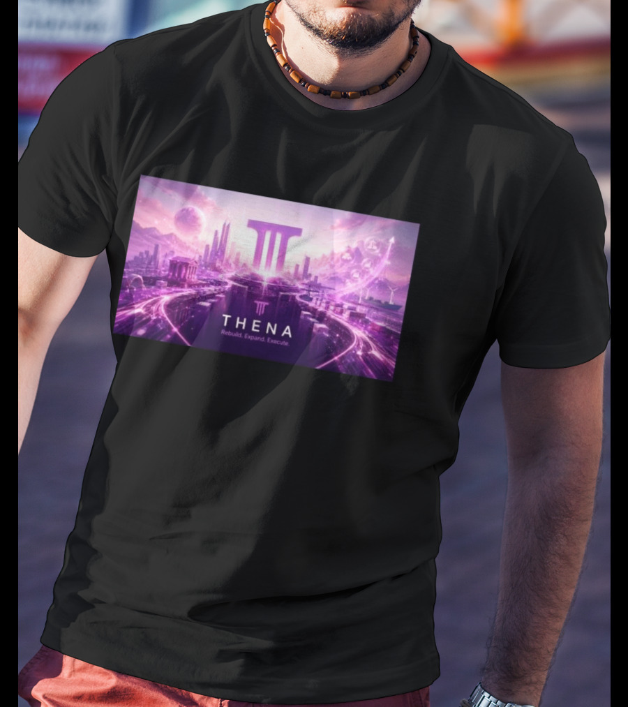 Thena Rebuild Expand Execute Futuristic Cityscape With Purple Skyline And Skyscrapers T-Shirt