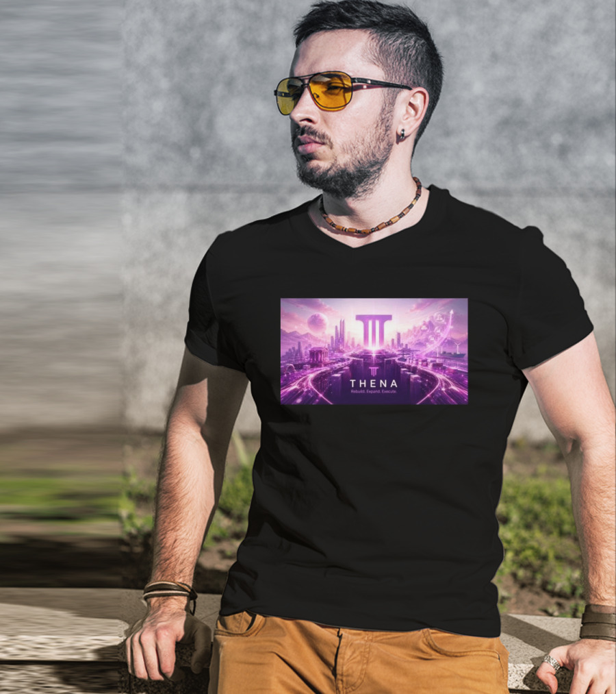 Thena Rebuild Expand Execute Futuristic Cityscape With Purple Skyline And Skyscrapers T-Shirt