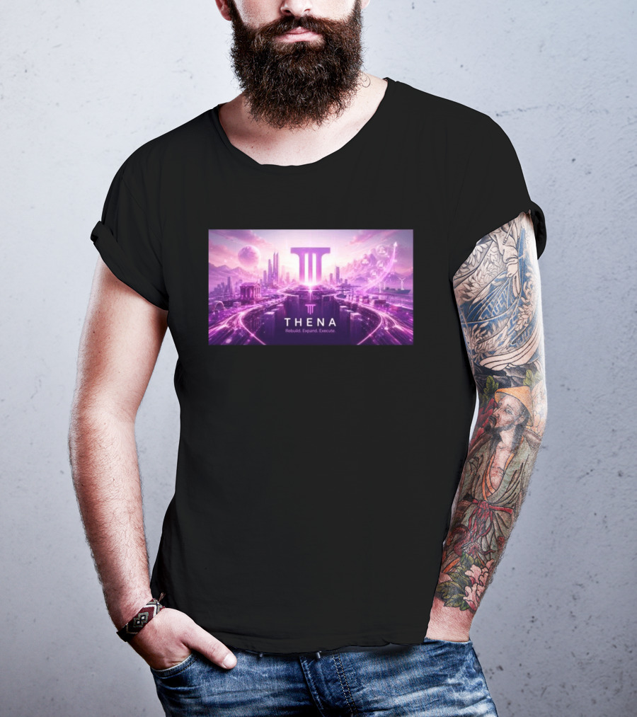 Thena Rebuild Expand Execute Futuristic Cityscape With Purple Skyline And Skyscrapers T-Shirt