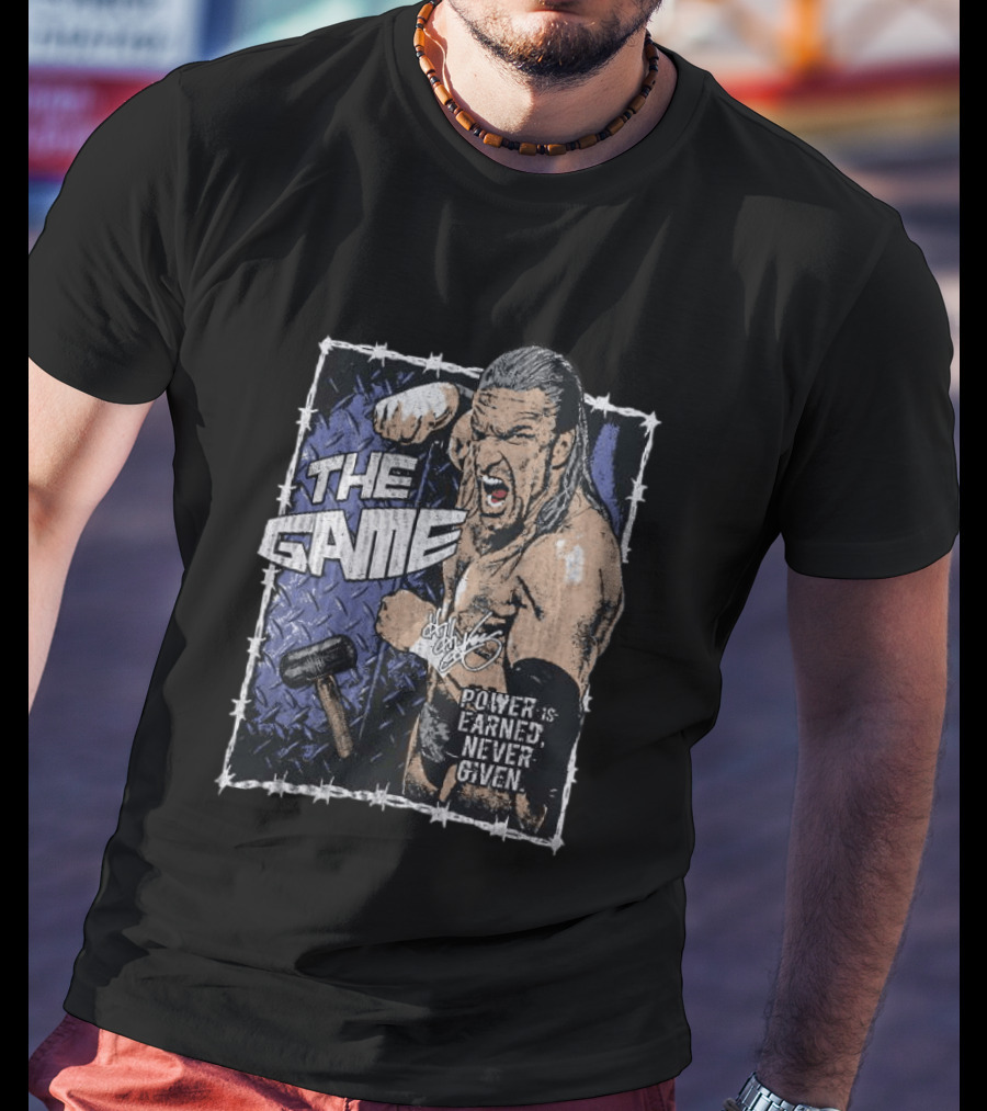 Triple H The Game WWE Power Is Earned Never Given Barbed Wire Signature Sledgehammer T-Shirt