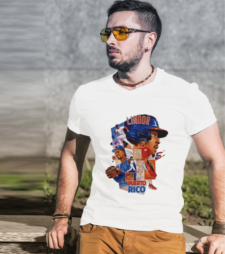 Francisco Lindor Puerto Rico New York Mets Baseball Legend Blue And Orange Helmet Dynamic Action Moves T-Shirt