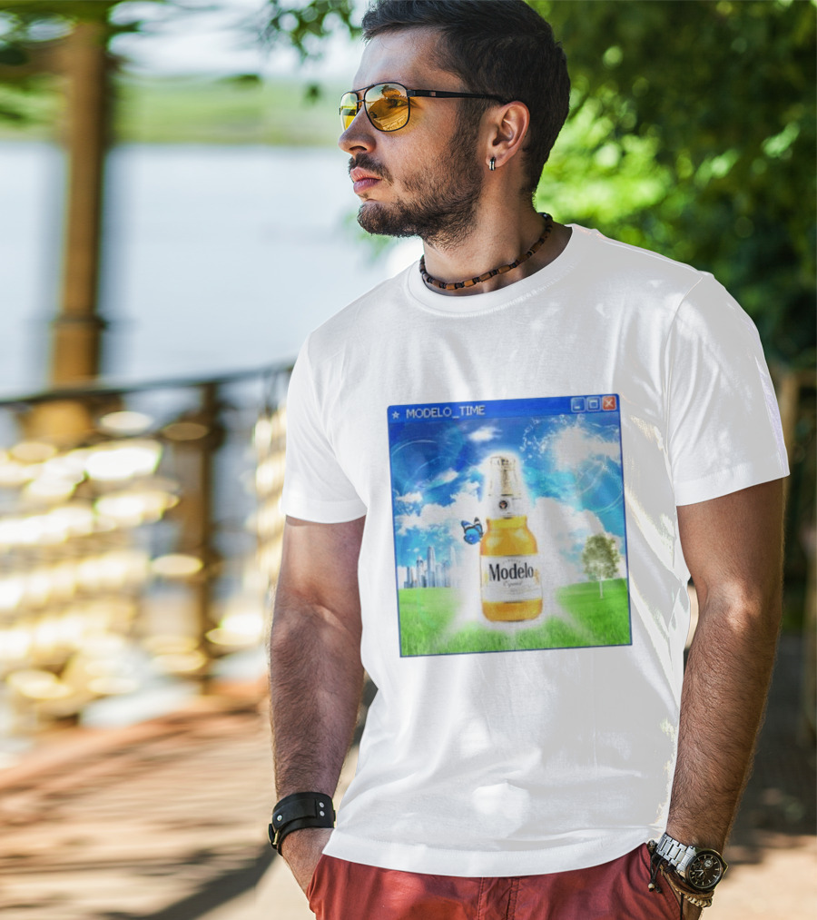 Modelo Time Frutiger Aero Aesthetic Butterfly Bottle Clouds Cityscape T-Shirt