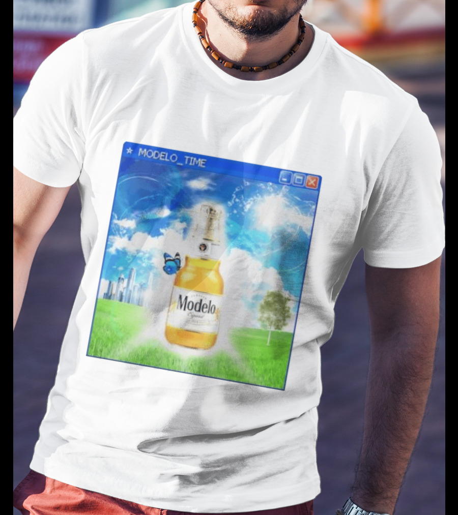 Modelo Time Frutiger Aero Aesthetic Butterfly Bottle Clouds Cityscape T-Shirt
