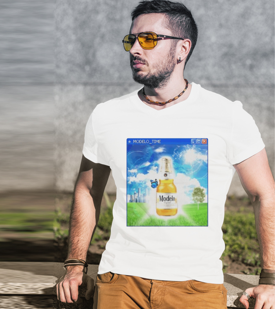 Modelo Time Frutiger Aero Aesthetic Butterfly Bottle Clouds Cityscape T-Shirt
