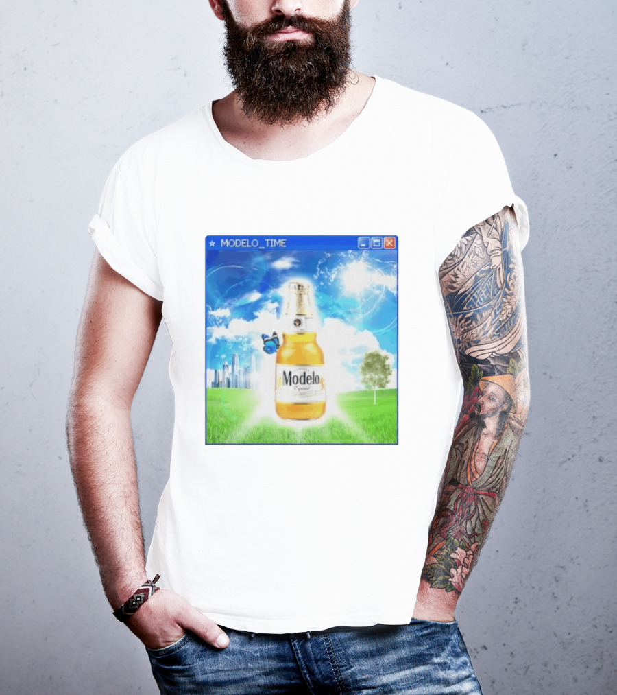 Modelo Time Frutiger Aero Aesthetic Butterfly Bottle Clouds Cityscape T-Shirt