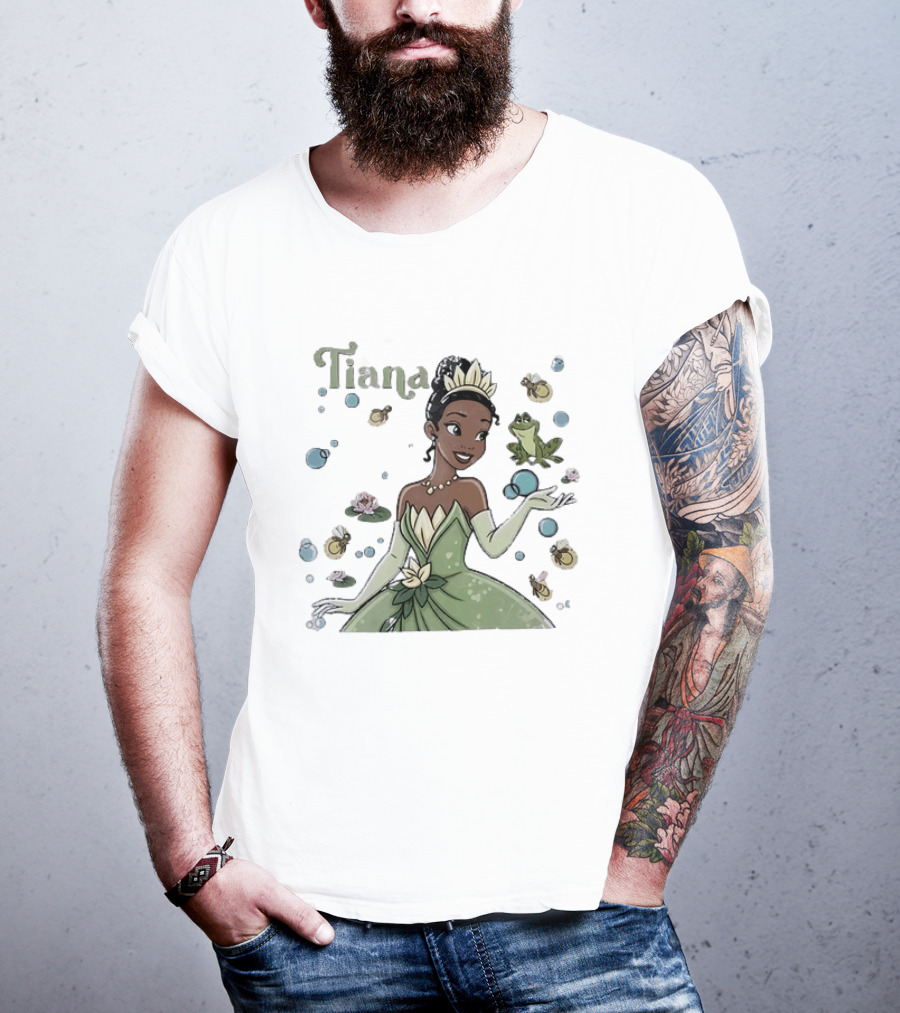 Tiana Disney Princess With Frog Fireflies And Water Lilies T-Shirt