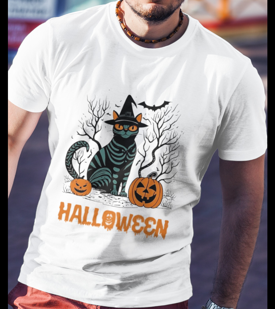 Halloween Skeleton Cat Witch Hat Pumpkins Spooky Forest Scene T-Shirt