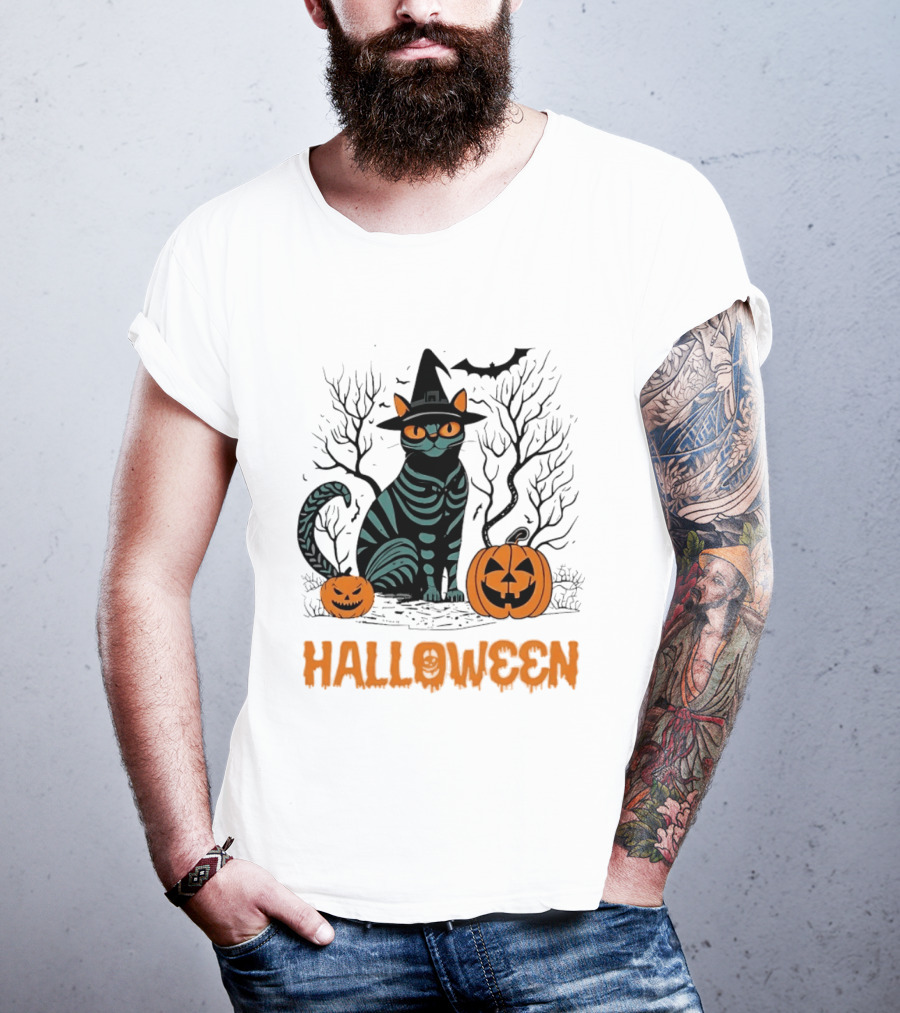 Halloween Skeleton Cat Witch Hat Pumpkins Spooky Forest Scene T-Shirt