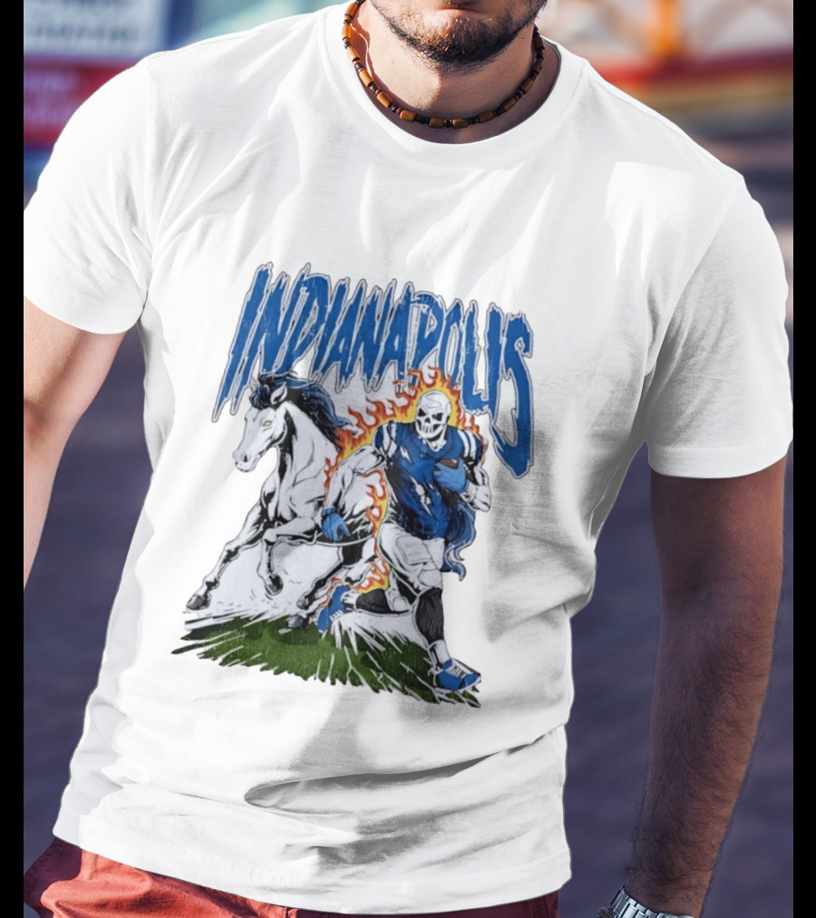 Indianapolis Football Skull And Horse Sports Flame Player Running T-Shirt