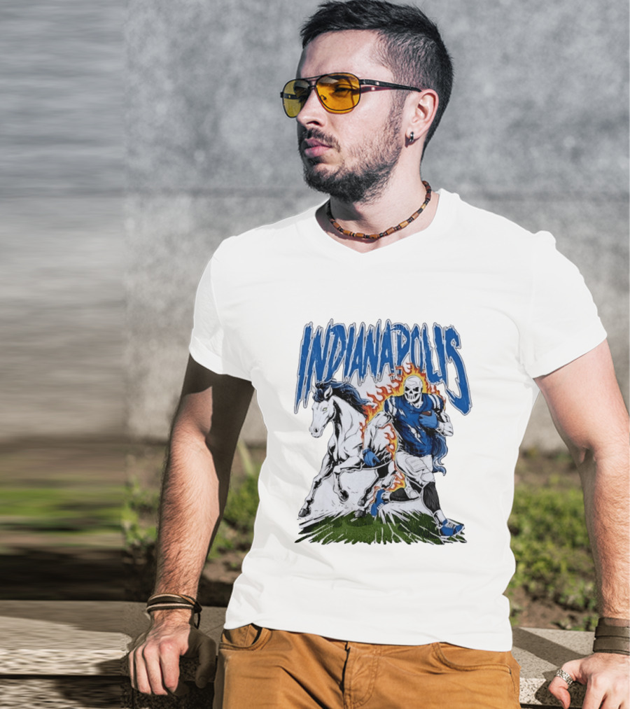 Indianapolis Football Skull And Horse Sports Flame Player Running T-Shirt