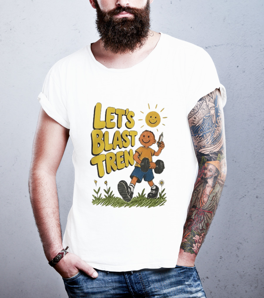 Let's Blast Tren Bodybuilding Fitness Workout Cartoon Dumbbell Sun T-Shirt