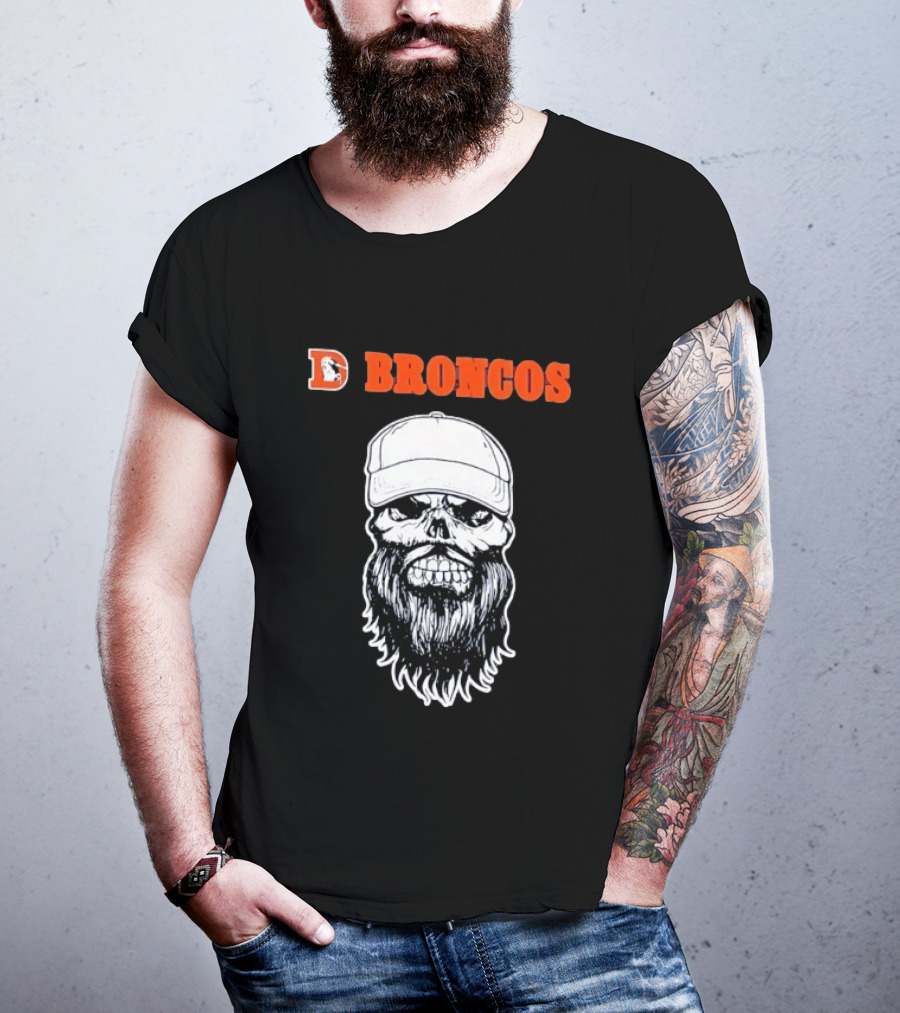 Broncos Bearded Skull With Cap Football Fan T-Shirt