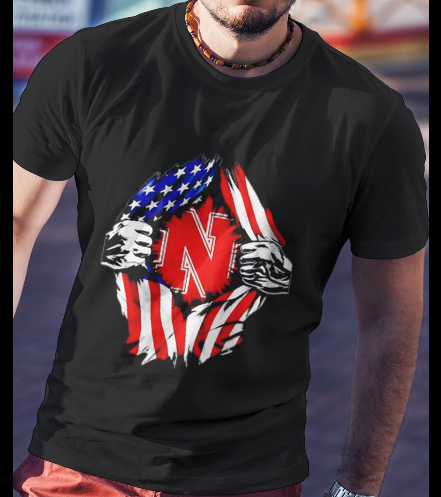 Nebraska Cornhuskers N Logo Ripped American Flag T-Shirt