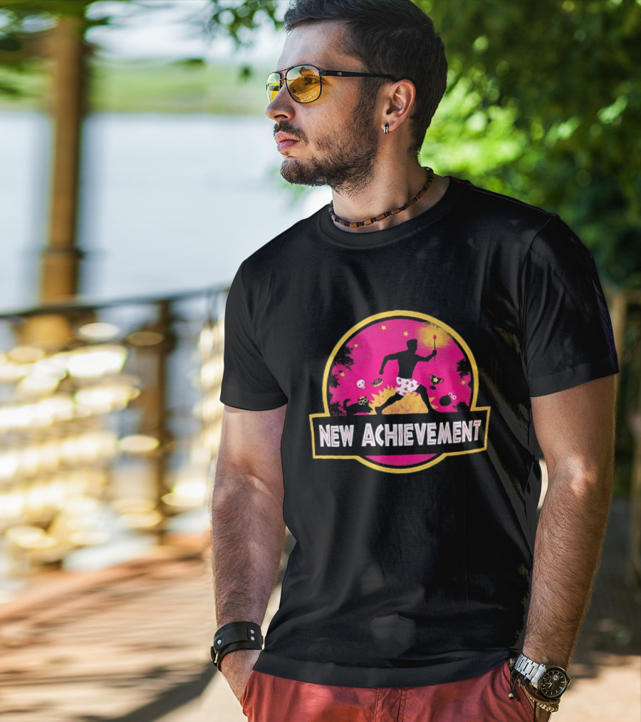 New Achievement Gaming Gamer Video Game Silhouette With Cat And Trophy T-Shirt