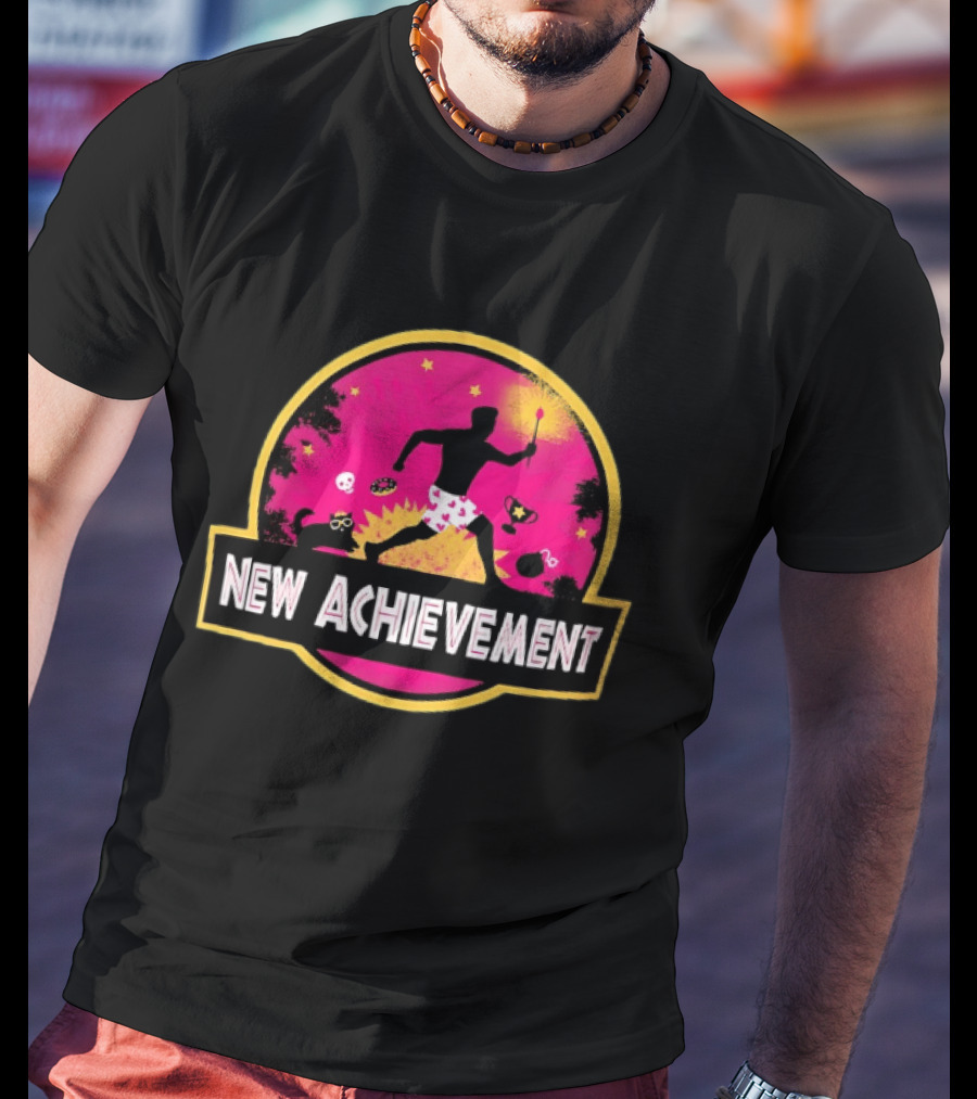 New Achievement Gaming Gamer Video Game Silhouette With Cat And Trophy T-Shirt