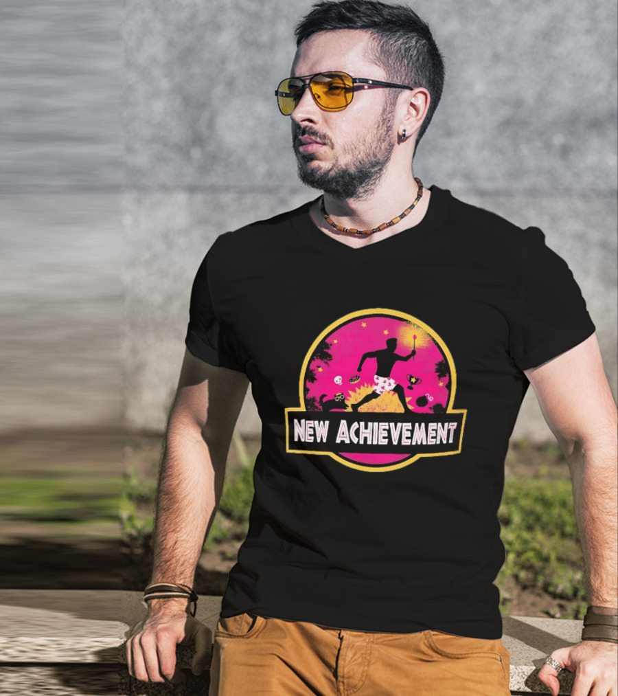 New Achievement Gaming Gamer Video Game Silhouette With Cat And Trophy T-Shirt