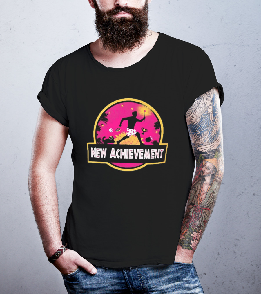 New Achievement Gaming Gamer Video Game Silhouette With Cat And Trophy T-Shirt