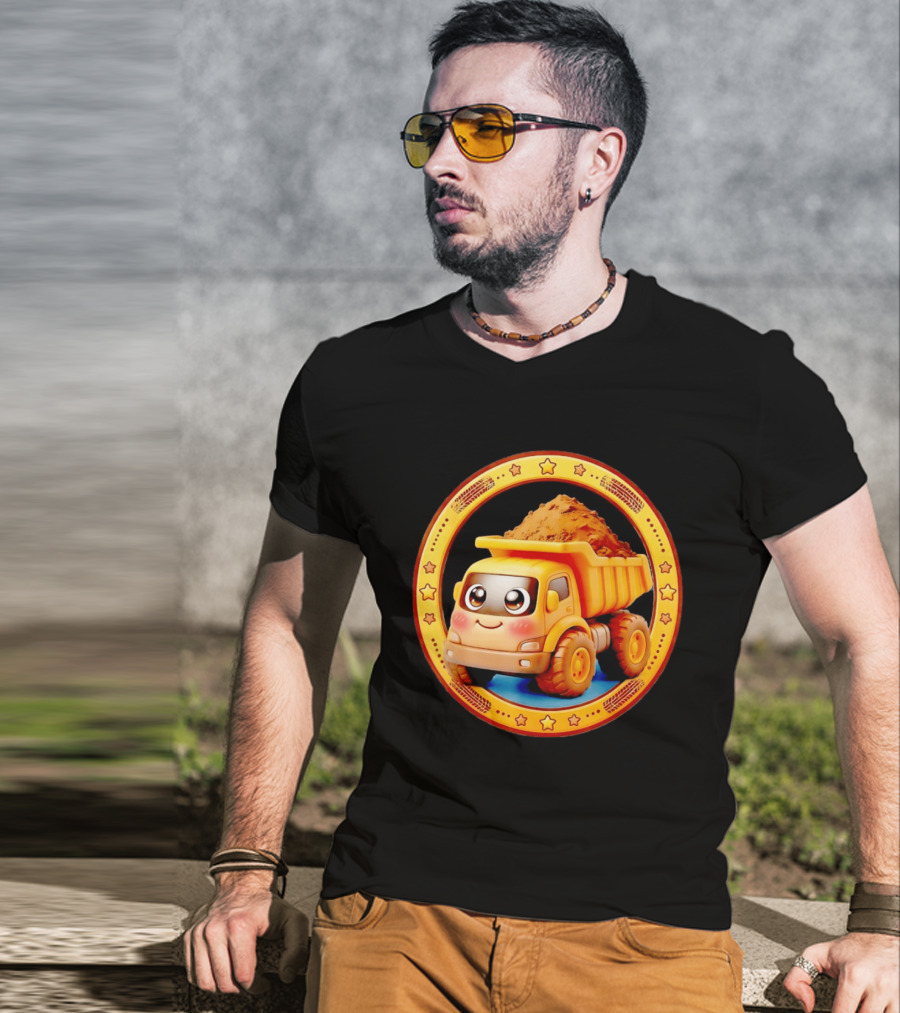 Yellow Dump Truck With Dirt Cute Construction Vehicle With Stars T-Shirt