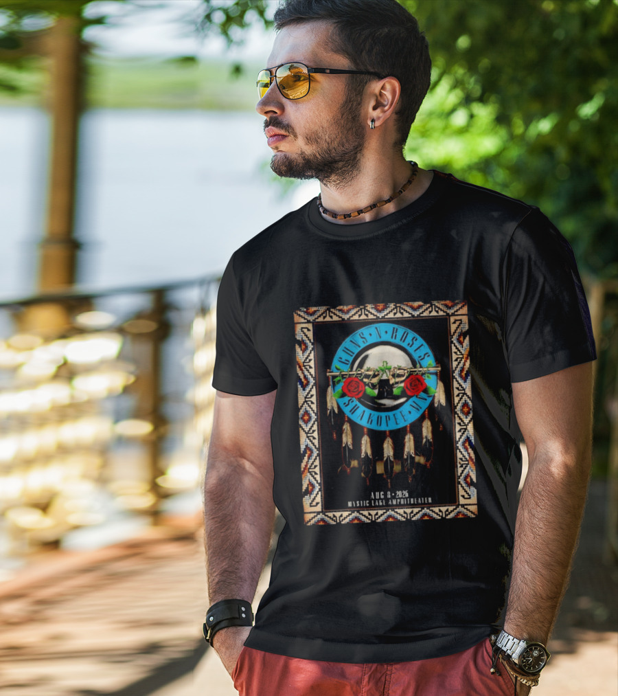 Guns N' Roses Shakopee MN August 8 2026 Mystic Lake Amphitheater Beaded Border Feathers Roses T-Shirt