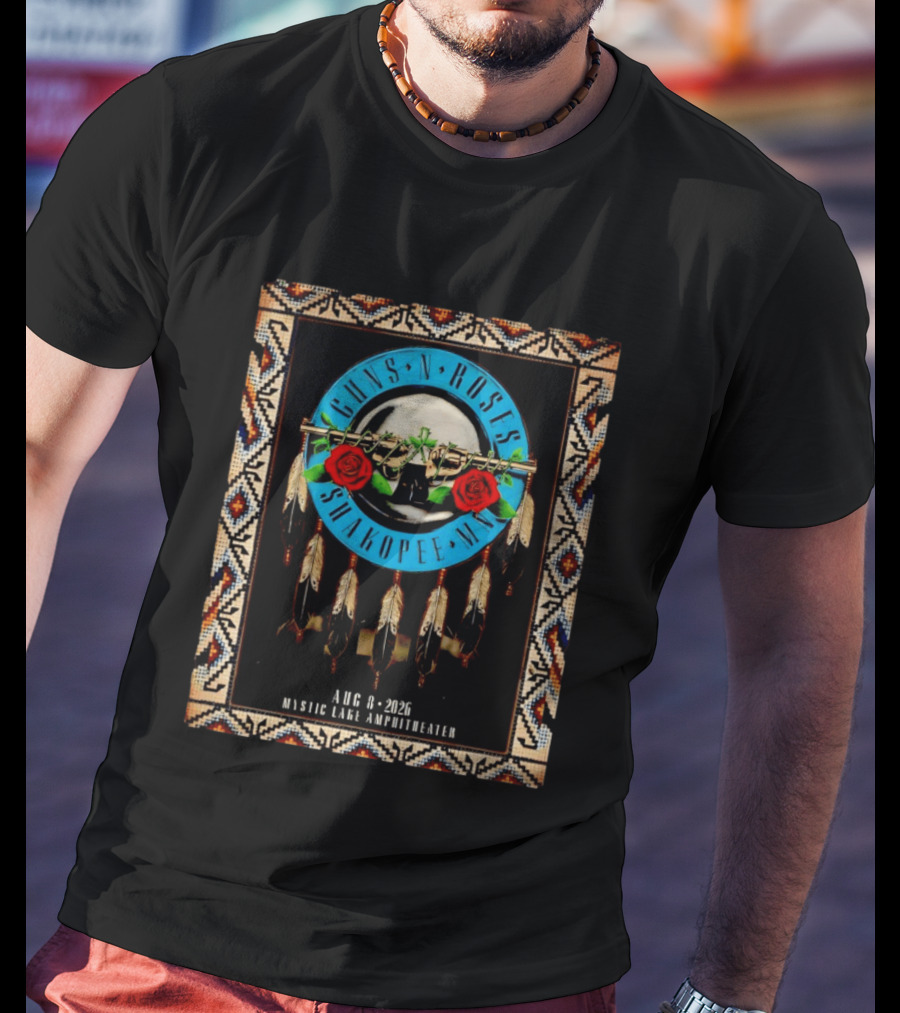 Guns N' Roses Shakopee MN August 8 2026 Mystic Lake Amphitheater Beaded Border Feathers Roses T-Shirt