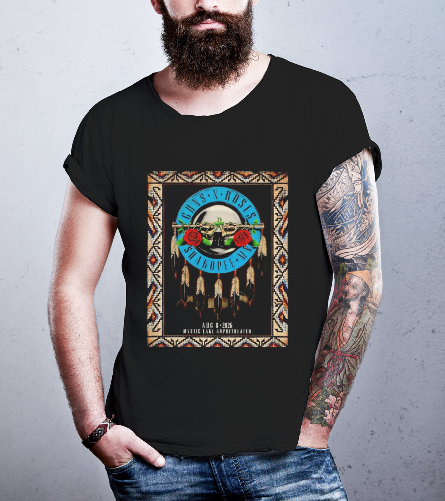 Guns N' Roses Shakopee MN August 8 2026 Mystic Lake Amphitheater Beaded Border Feathers Roses T-Shirt