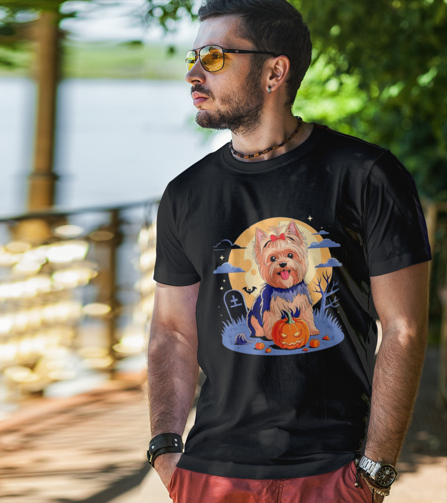 Yorkshire Terrier With Pumpkin On Spooky Halloween Night T-Shirt