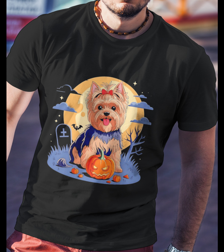 Yorkshire Terrier With Pumpkin On Spooky Halloween Night T-Shirt