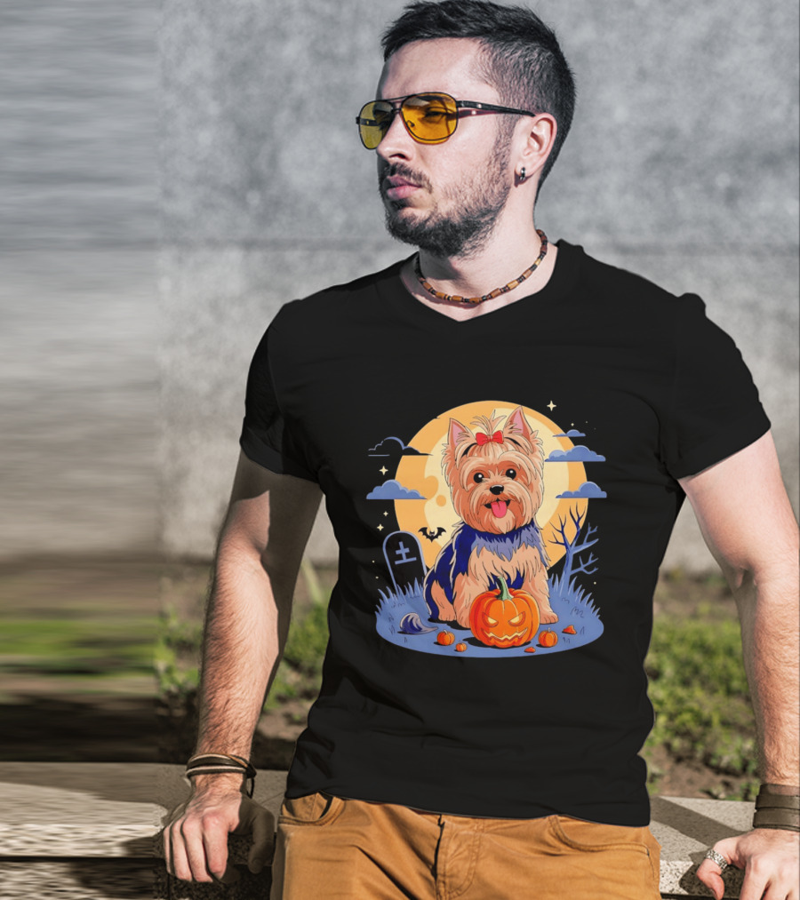 Yorkshire Terrier With Pumpkin On Spooky Halloween Night T-Shirt
