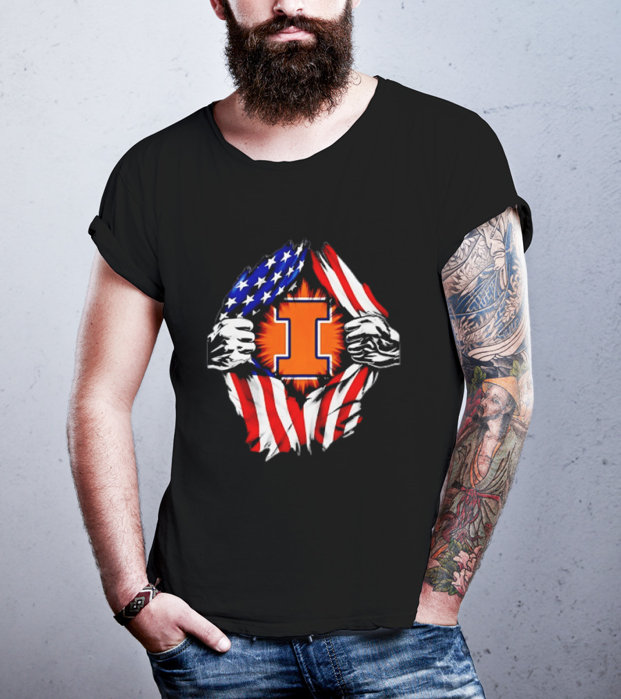 Illinois Fighting Illini I Letter American Flag Patriotic Rip T-Shirt