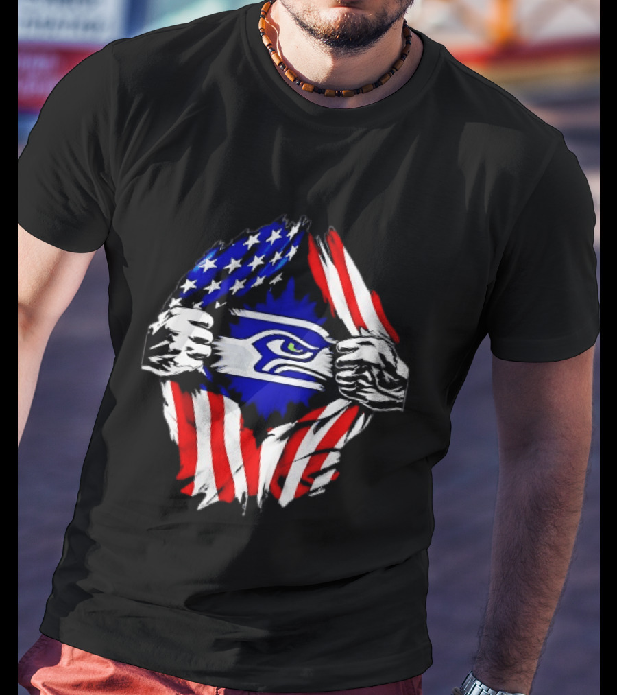 Seattle Seahawks American Flag Ripped Chest USA Fan Gear T-Shirt