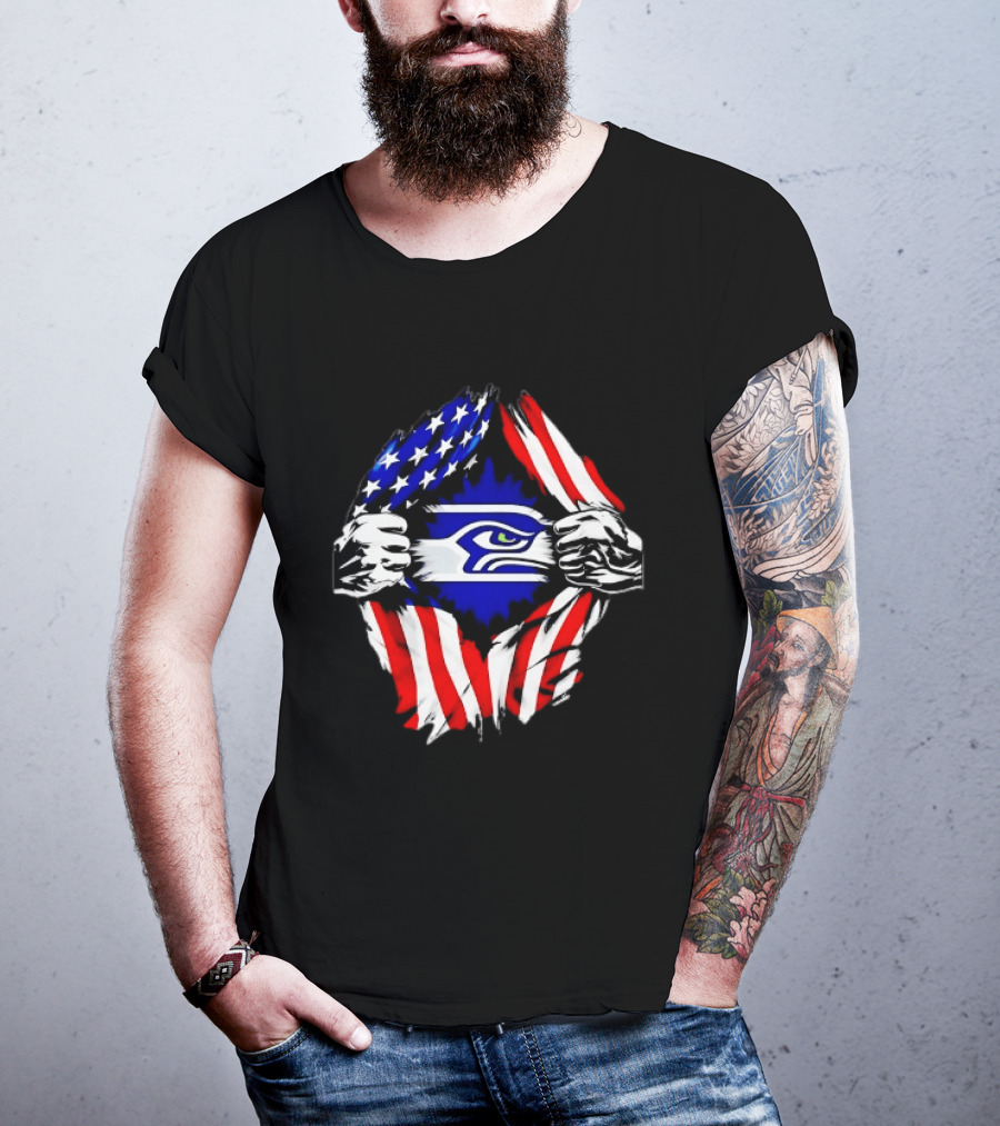 Seattle Seahawks American Flag Ripped Chest USA Fan Gear T-Shirt