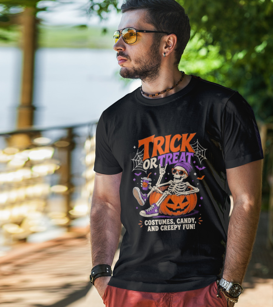 Skeleton Trick Or Treat Costumes Candy And Creepy Fun Halloween Party T-Shirt