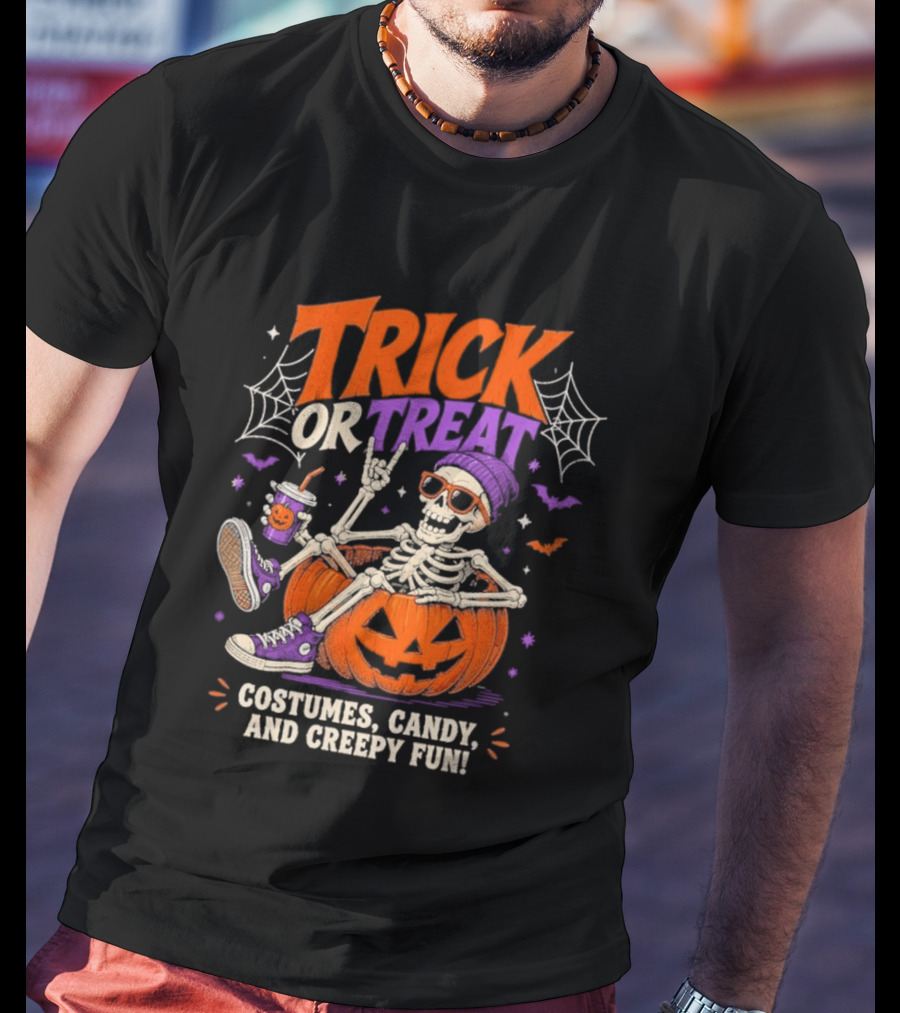 Skeleton Trick Or Treat Costumes Candy And Creepy Fun Halloween Party T-Shirt