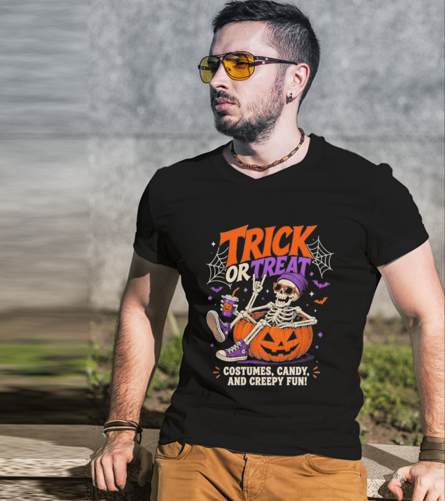 Skeleton Trick Or Treat Costumes Candy And Creepy Fun Halloween Party T-Shirt