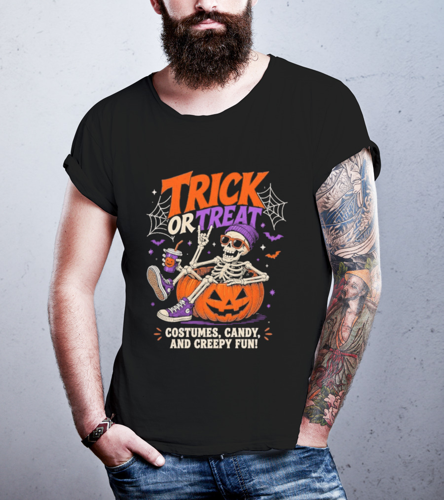Skeleton Trick Or Treat Costumes Candy And Creepy Fun Halloween Party T-Shirt