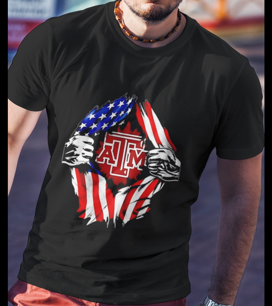 Texas A And M University Ripped Chest American Flag T-Shirt