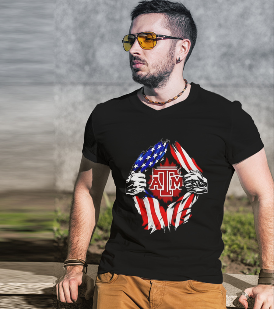 Texas A And M University Ripped Chest American Flag T-Shirt