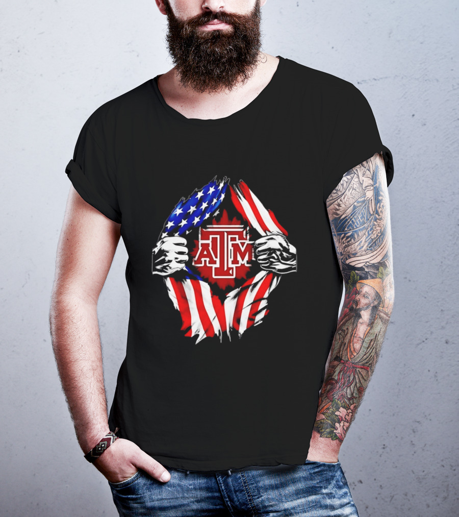 Texas A And M University Ripped Chest American Flag T-Shirt