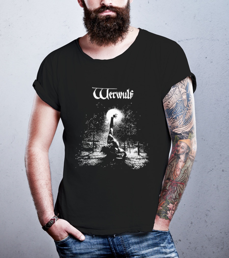 Werwulf Devoureth All Mankynde Black Metal Crosses And Moonlit Scene T-Shirt