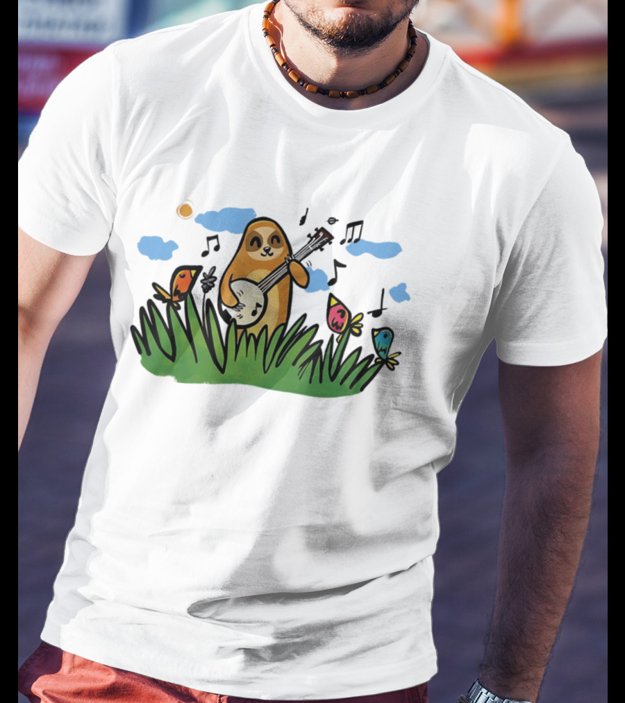 Sloth Happy Playing The Banjo With Singing Birds T-Shirt