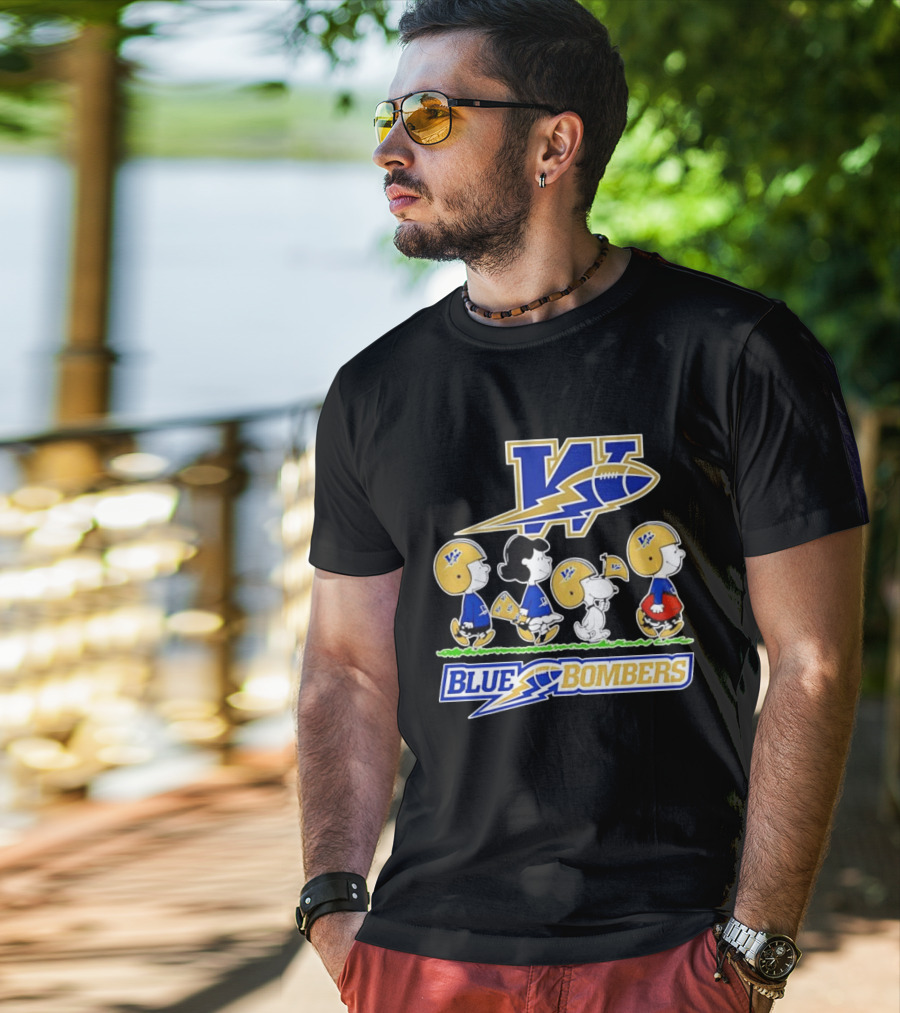Peanuts Characters Winnipeg Blue Bombers CFL Collaboration Charlie Brown Snoopy Lucy Football Helmets T-Shirt