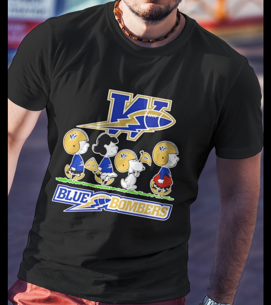 Peanuts Characters Winnipeg Blue Bombers CFL Collaboration Charlie Brown Snoopy Lucy Football Helmets T-Shirt