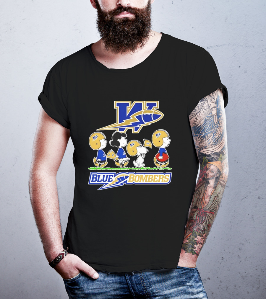 Peanuts Characters Winnipeg Blue Bombers CFL Collaboration Charlie Brown Snoopy Lucy Football Helmets T-Shirt