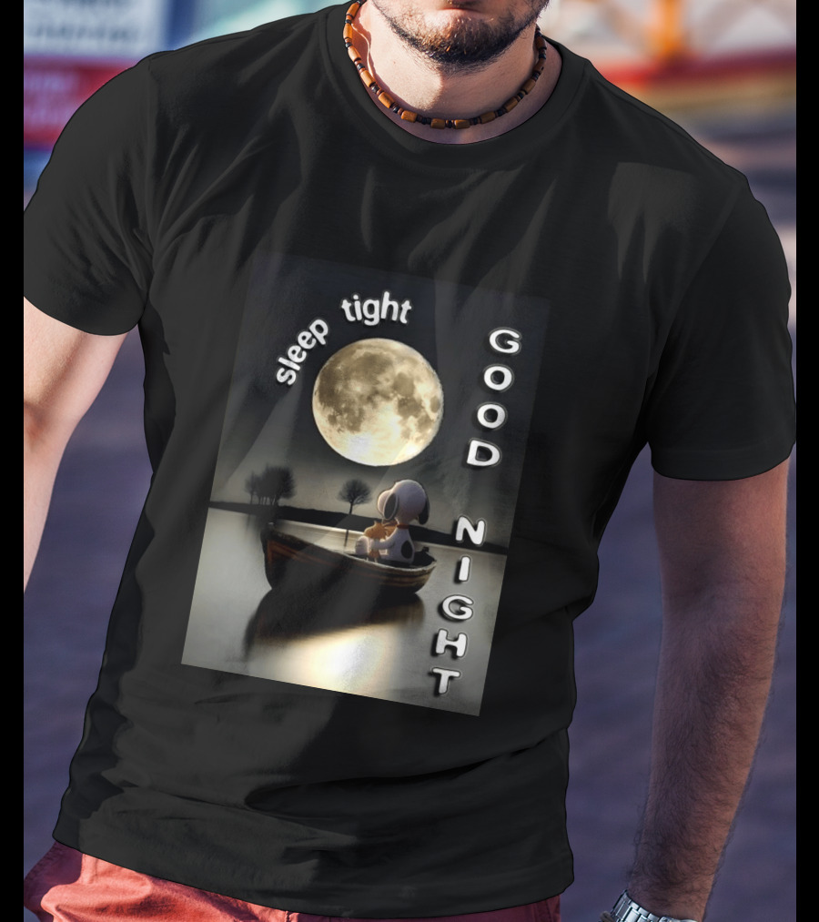 Sleep Tight Good Night Snoopy And Woodstock Moonlight Boat Scene T-Shirt