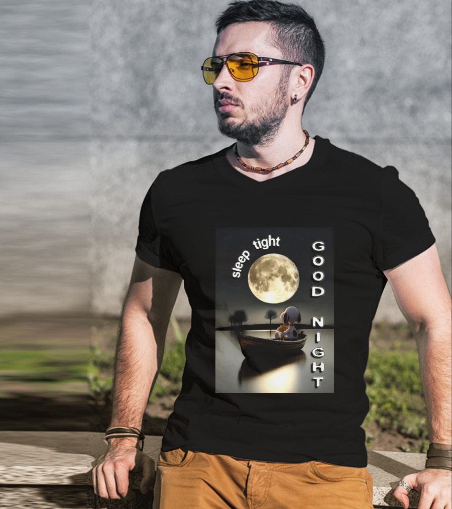 Sleep Tight Good Night Snoopy And Woodstock Moonlight Boat Scene T-Shirt