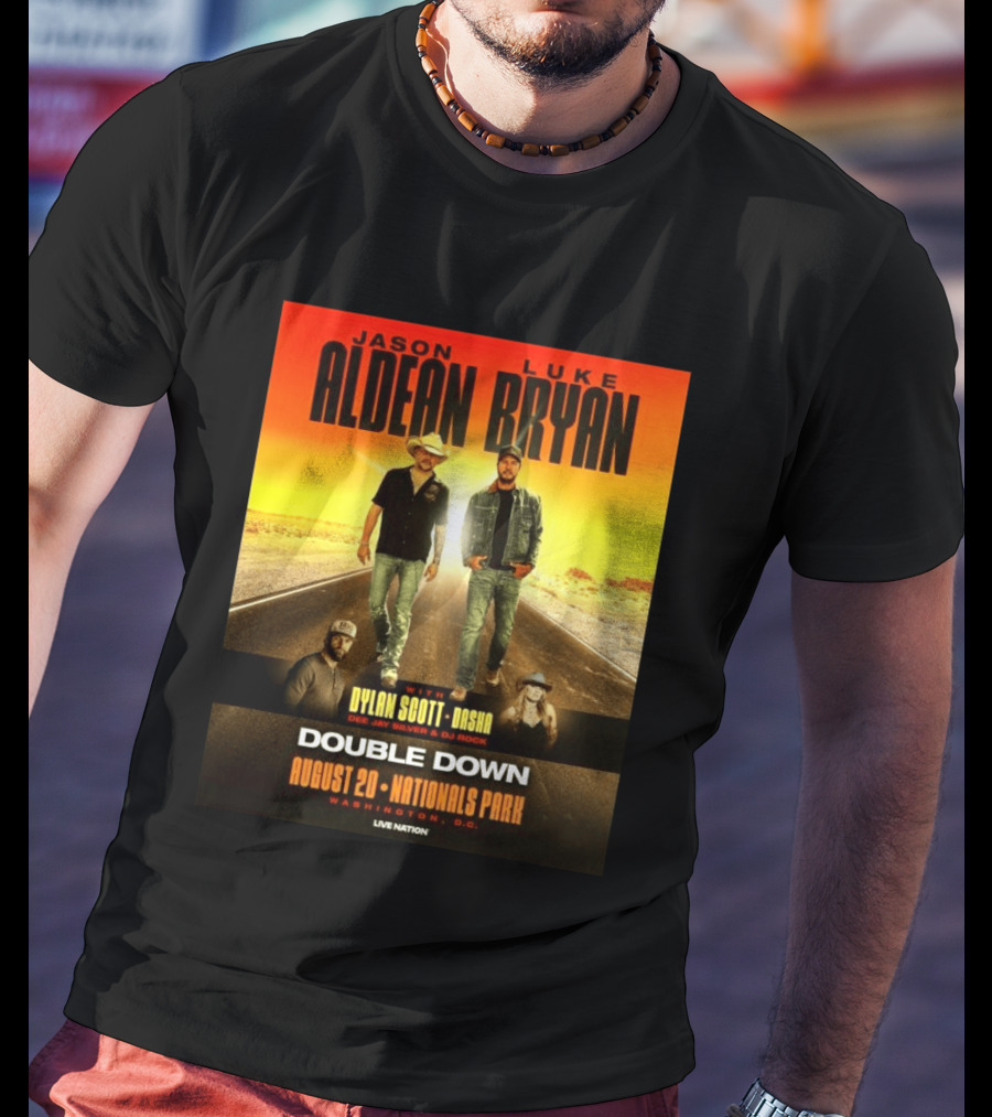 Jason Aldean Luke Bryan Double Down August 20 Nationals Park Washington D.C. With Dylan Scott Dasha Dee Jay Silver Dj Rock Live Nation T-Shirt