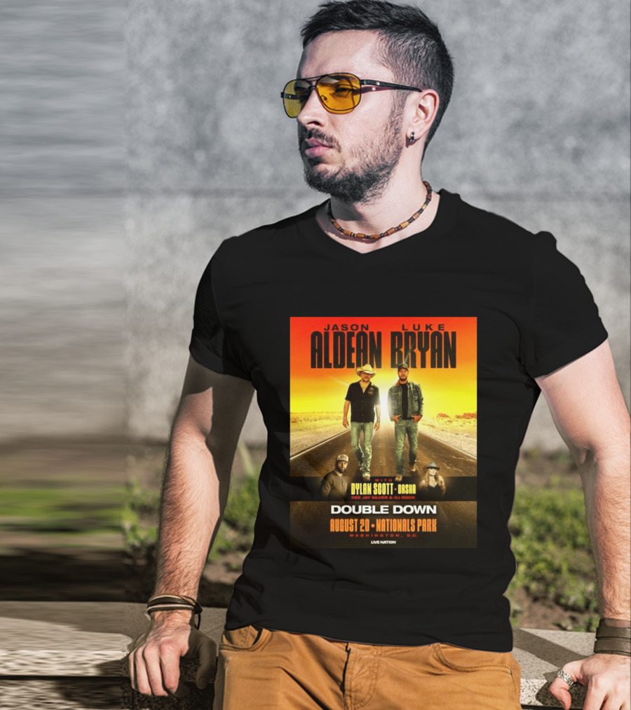 Jason Aldean Luke Bryan Double Down August 20 Nationals Park Washington D.C. With Dylan Scott Dasha Dee Jay Silver Dj Rock Live Nation T-Shirt
