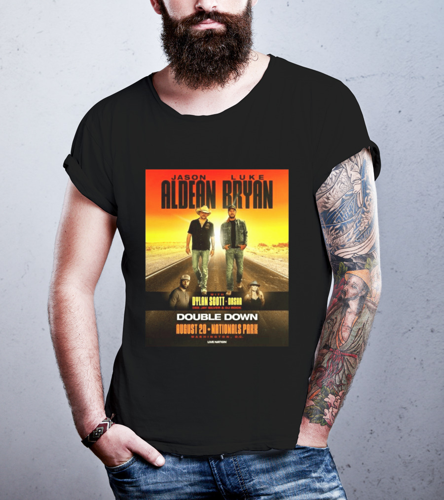 Jason Aldean Luke Bryan Double Down August 20 Nationals Park Washington D.C. With Dylan Scott Dasha Dee Jay Silver Dj Rock Live Nation T-Shirt