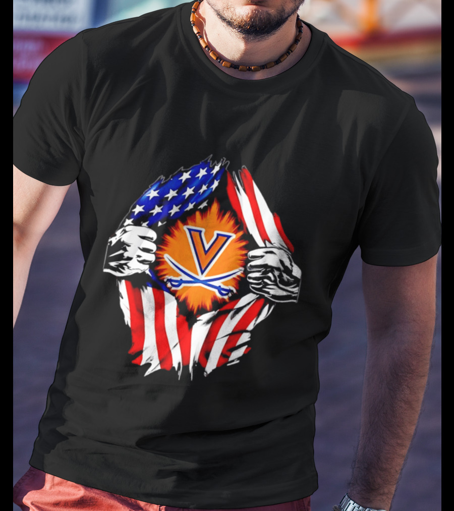 Virginia Cavaliers American Flag Ripped Chest V T-Shirt