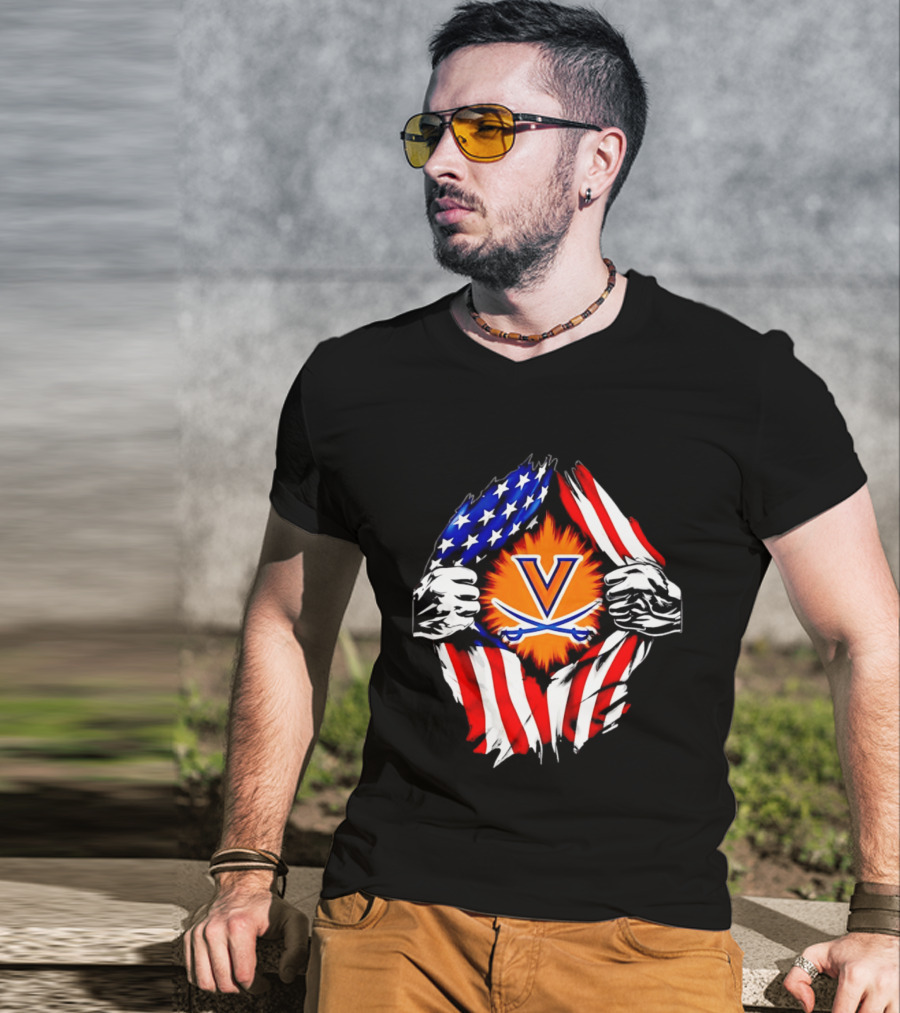 Virginia Cavaliers American Flag Ripped Chest V T-Shirt